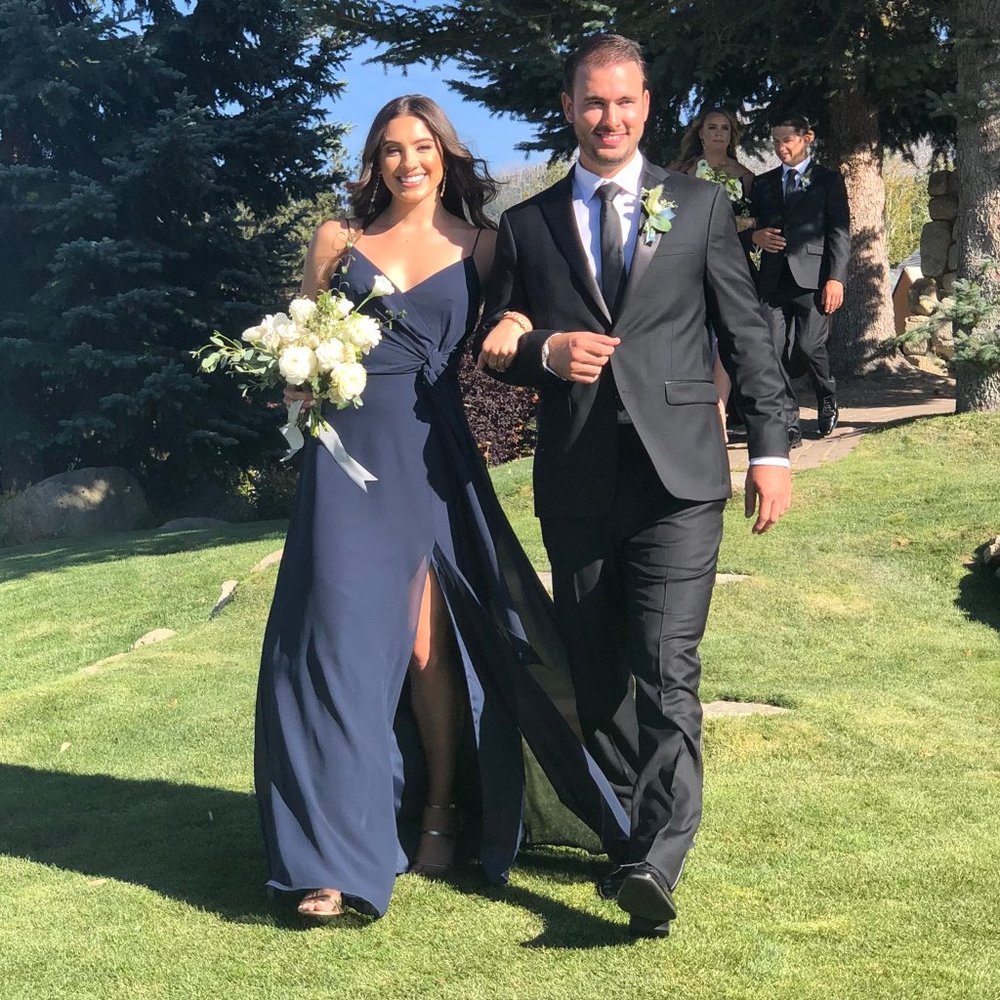 Navy bridesmaid, v neck & leg slit (Jenny Yoo)